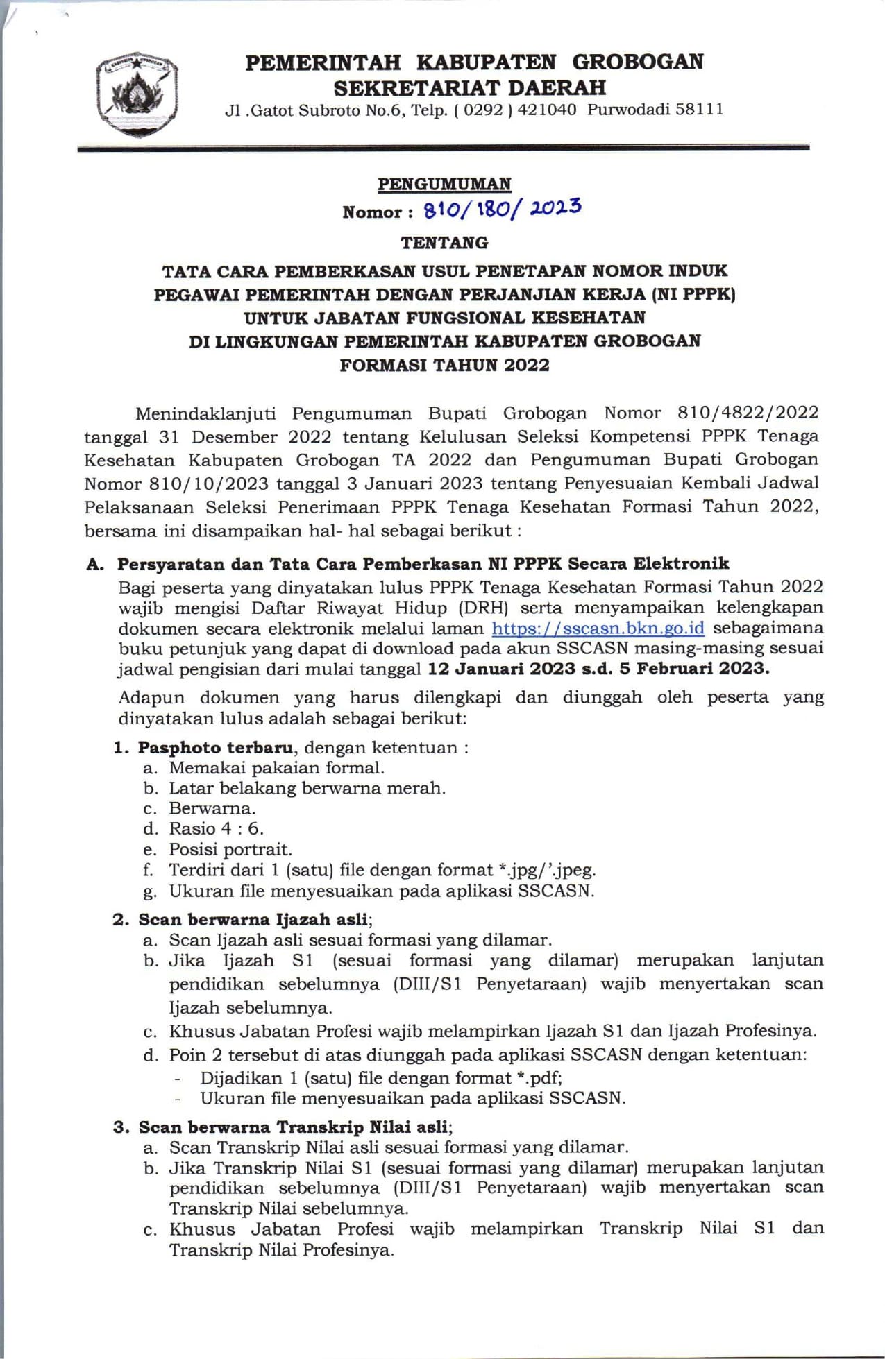 Pengumuman Tata Cara pemberkasan Usul Penetapan NIPPPK Jabfung Kesehatan Pemkab Grobogan Formasi Tahun 2022 1 page 0001 min