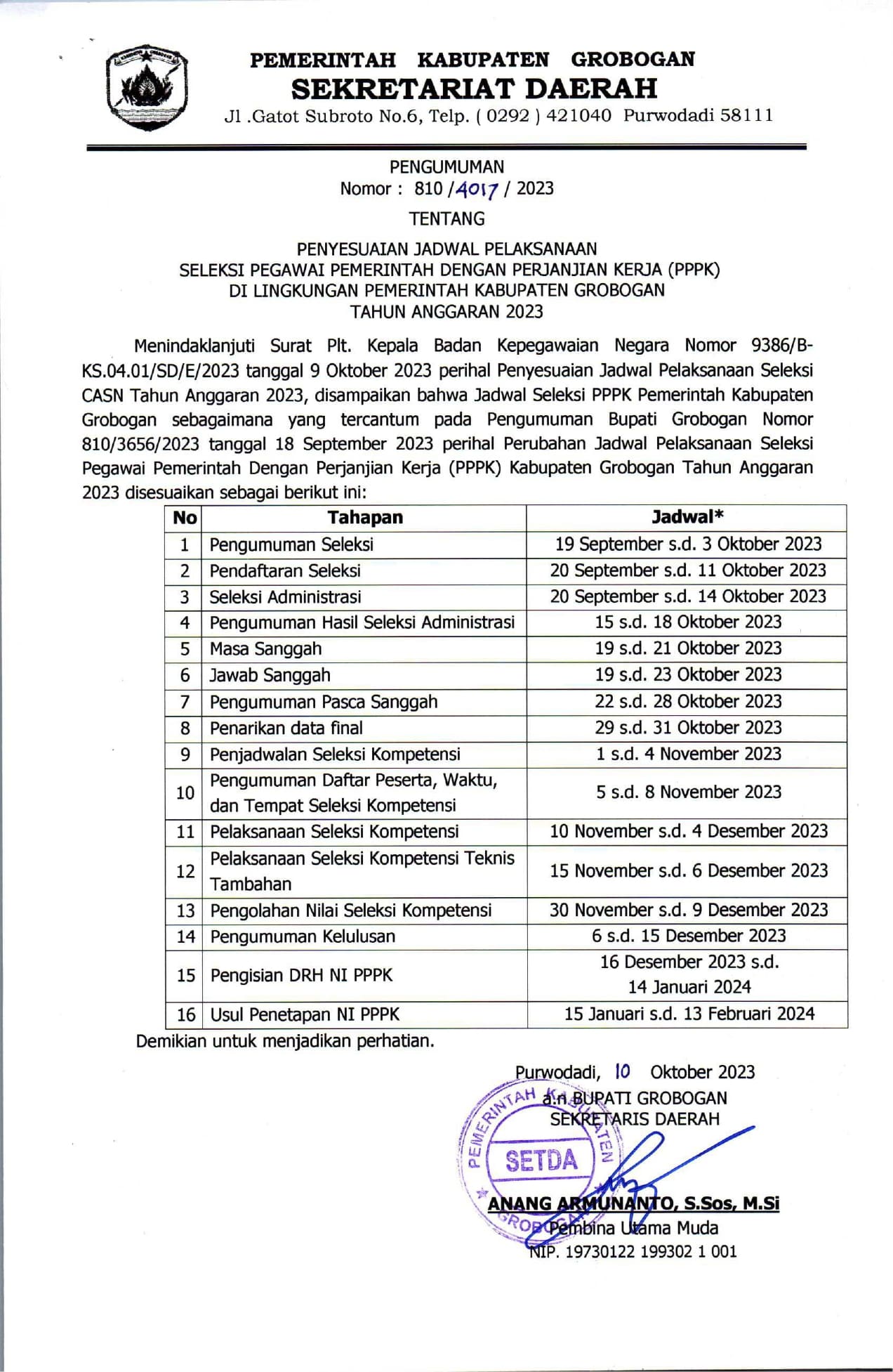 Pengumuman ttg Penyesuaian Jadwal Pelaksanaan Seleksi PPPK Pemkab. Grobogan T.A 2023 page 0001 min